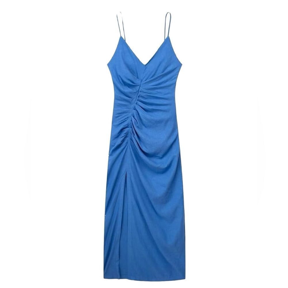 CIDER linen blend ruched slit dress size Small
